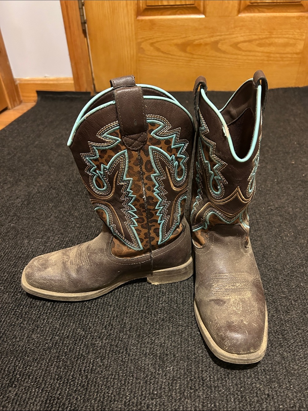 Brown Leather Western Cowboy Boots with Turquoise Stitching